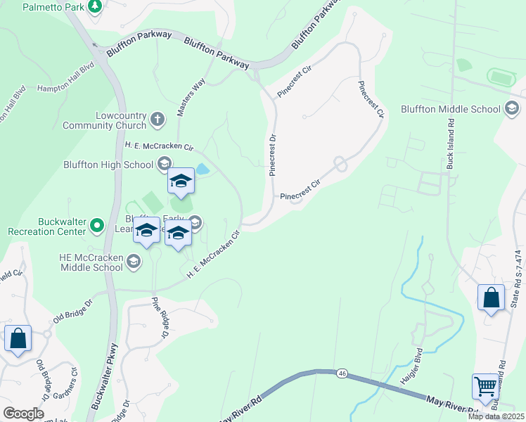 map of restaurants, bars, coffee shops, grocery stores, and more near 166 Pinecrest Drive in Bluffton