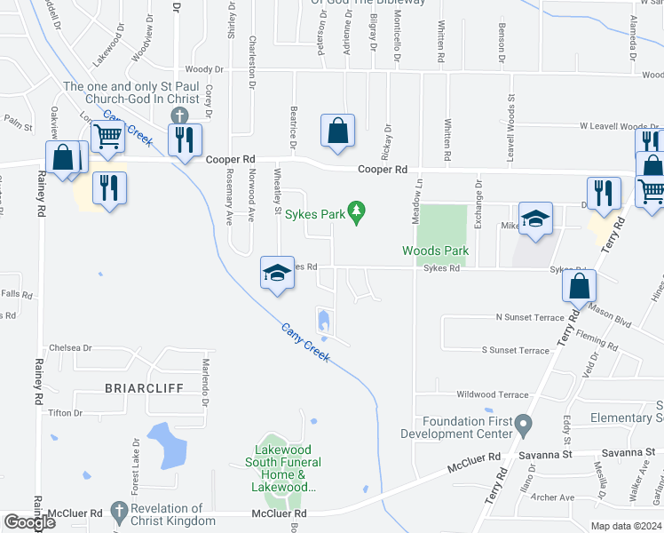 map of restaurants, bars, coffee shops, grocery stores, and more near 3599 Sykes Park Drive in Jackson