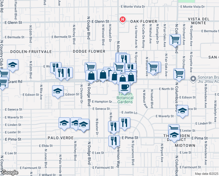 map of restaurants, bars, coffee shops, grocery stores, and more near 2318 North Elaine Boulevard in Tucson