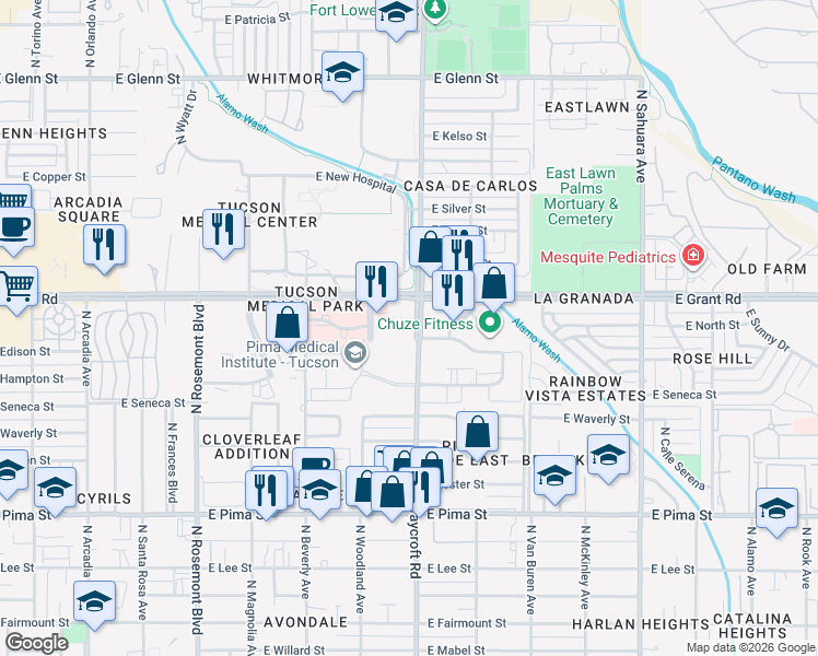 map of restaurants, bars, coffee shops, grocery stores, and more near 5508 East Grant Road in Tucson