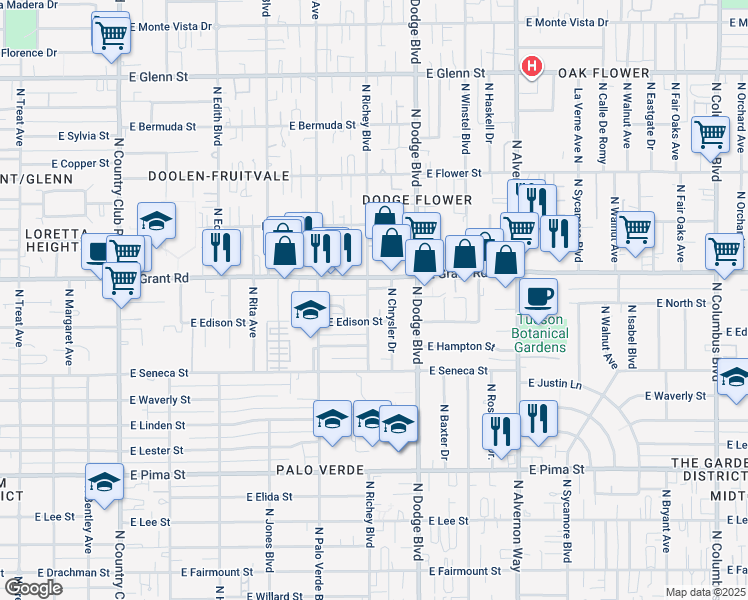 map of restaurants, bars, coffee shops, grocery stores, and more near 3602 East Grant Road in Tucson