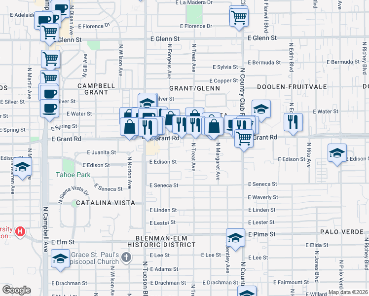map of restaurants, bars, coffee shops, grocery stores, and more near 2612 East Grant Road in Tucson