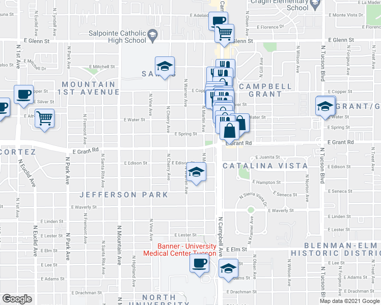 map of restaurants, bars, coffee shops, grocery stores, and more near 1717 East Grant Road in Tucson