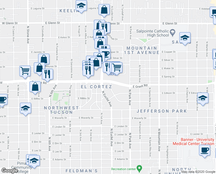 map of restaurants, bars, coffee shops, grocery stores, and more near 2350 North Hampton Street in Tucson