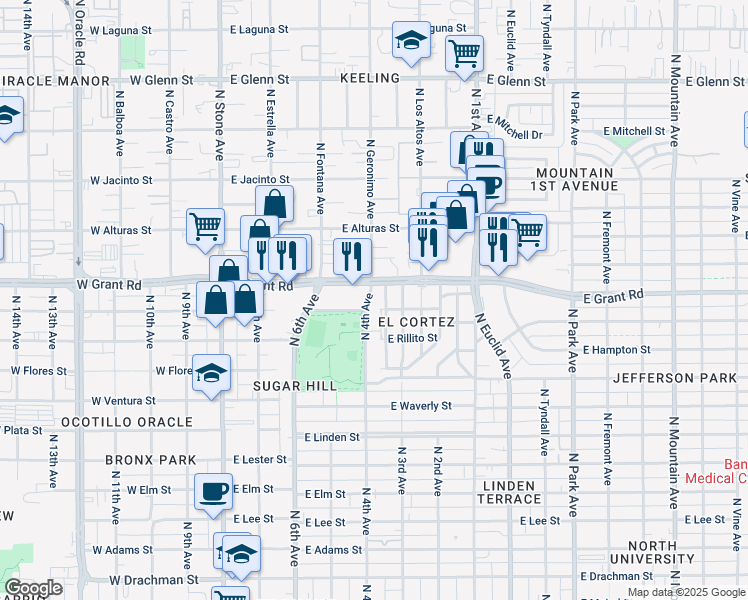 map of restaurants, bars, coffee shops, grocery stores, and more near in Tucson