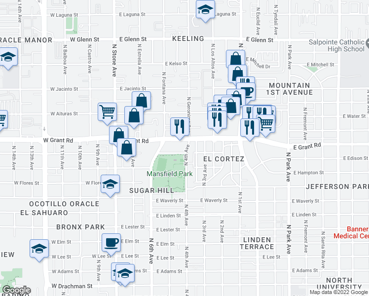 map of restaurants, bars, coffee shops, grocery stores, and more near 402 East Grant Road in Tucson