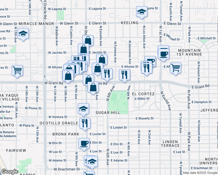 map of restaurants, bars, coffee shops, grocery stores, and more near 250 East Grant Road in Tucson