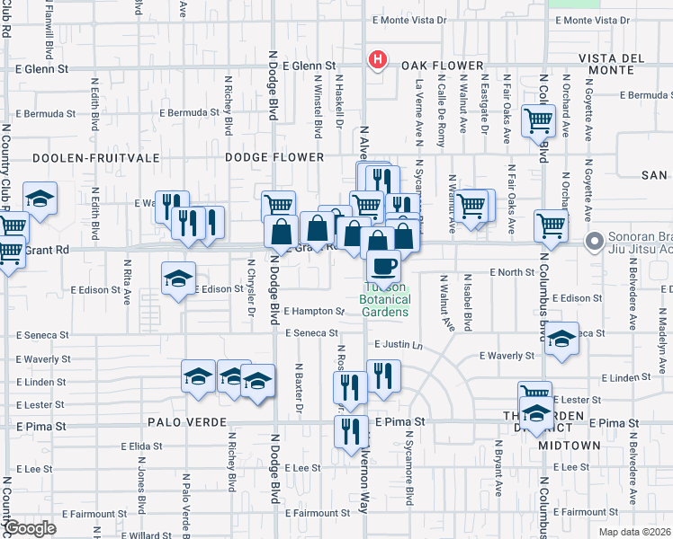 map of restaurants, bars, coffee shops, grocery stores, and more near 2325 North Elaine Boulevard in Tucson