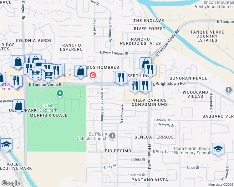 map of restaurants, bars, coffee shops, grocery stores, and more near 7612 East Callisto Circle in Tucson