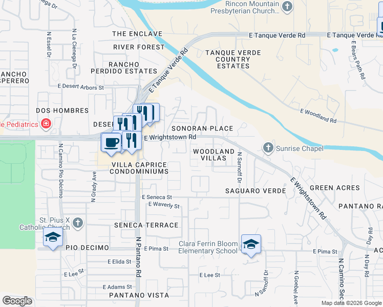 map of restaurants, bars, coffee shops, grocery stores, and more near 8032 East El Toro Circle in Tucson