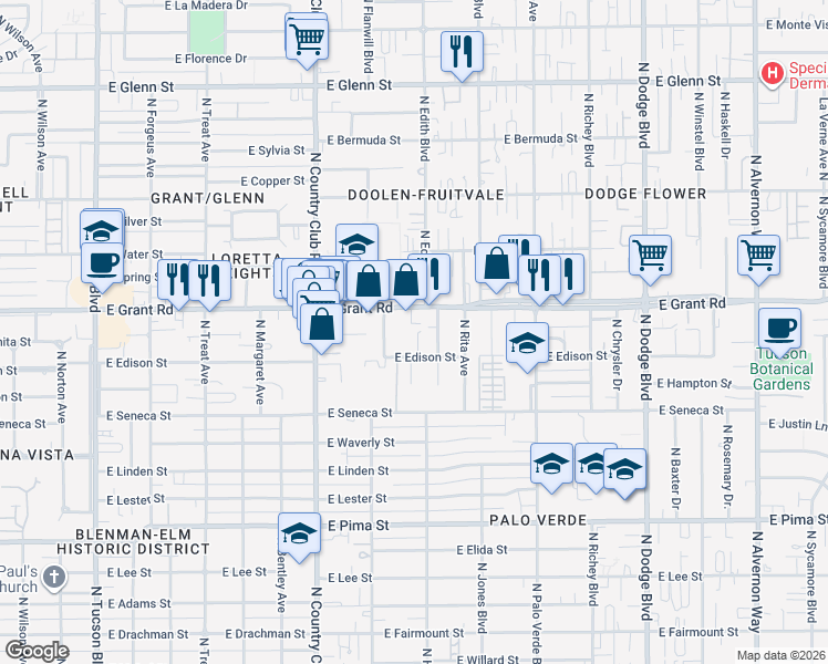 map of restaurants, bars, coffee shops, grocery stores, and more near 3248 East Grant Road in Tucson