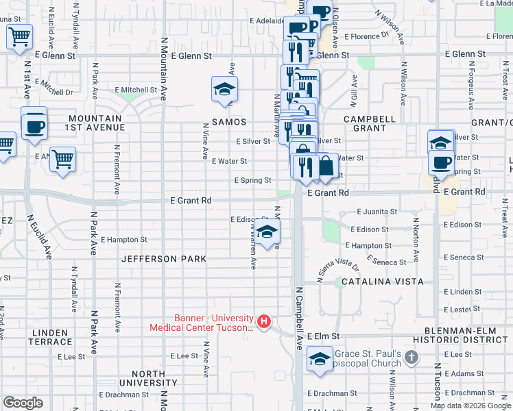 map of restaurants, bars, coffee shops, grocery stores, and more near 1717 East Grant Road in Tucson