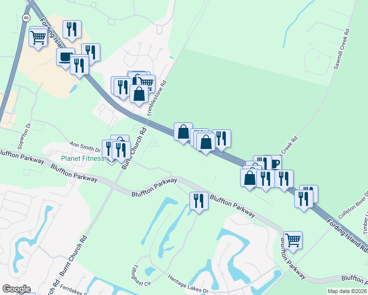 map of restaurants, bars, coffee shops, grocery stores, and more near 1170-1184 Fording Island Rd in Bluffton