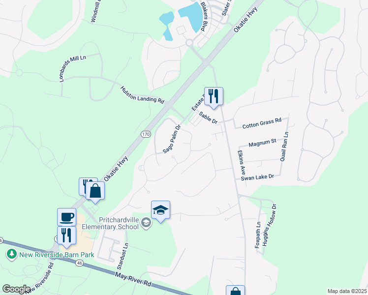 map of restaurants, bars, coffee shops, grocery stores, and more near 3 Nob Hill Court in Bluffton