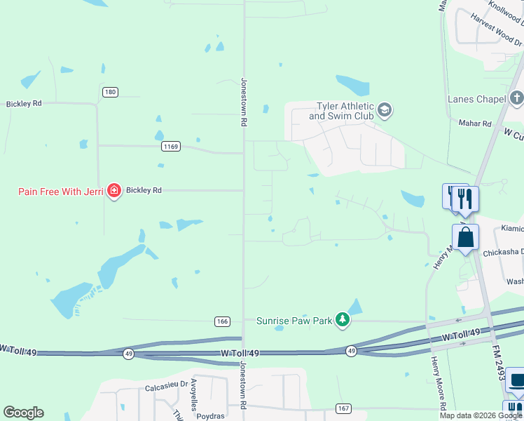 map of restaurants, bars, coffee shops, grocery stores, and more near 15767 County Road 178 in Tyler
