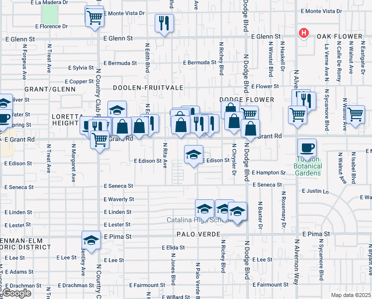 map of restaurants, bars, coffee shops, grocery stores, and more near 3412 East Grant Road in Tucson