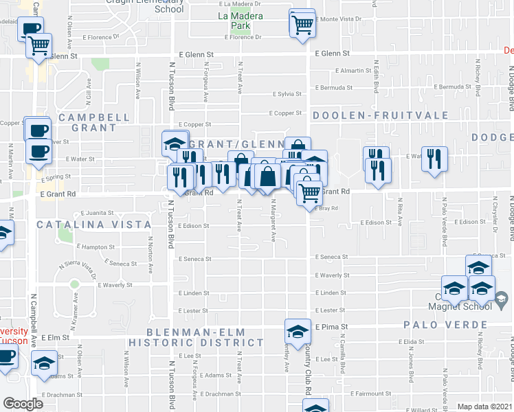 map of restaurants, bars, coffee shops, grocery stores, and more near 2869 East Vespers Place in Tucson