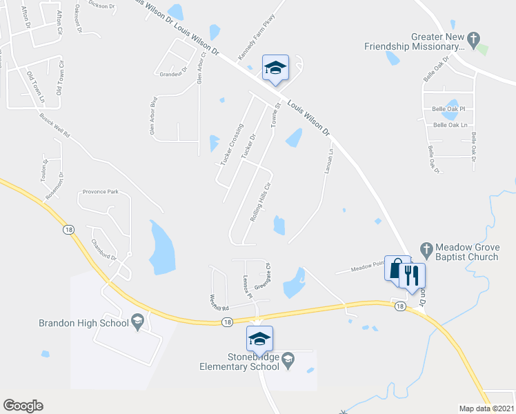 map of restaurants, bars, coffee shops, grocery stores, and more near Rolling Hills Circle in Brandon