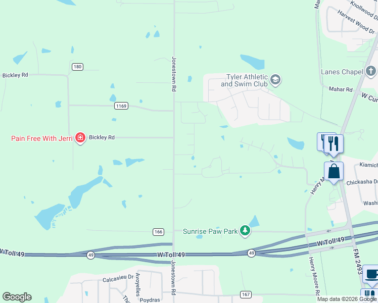 map of restaurants, bars, coffee shops, grocery stores, and more near 15901 County Road 178 in Tyler