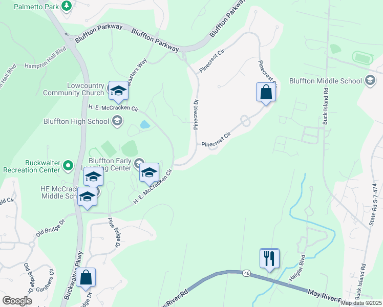 map of restaurants, bars, coffee shops, grocery stores, and more near 166 Pinecrest Drive in Bluffton