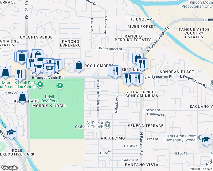 map of restaurants, bars, coffee shops, grocery stores, and more near 7617 East Callisto Circle in Tucson