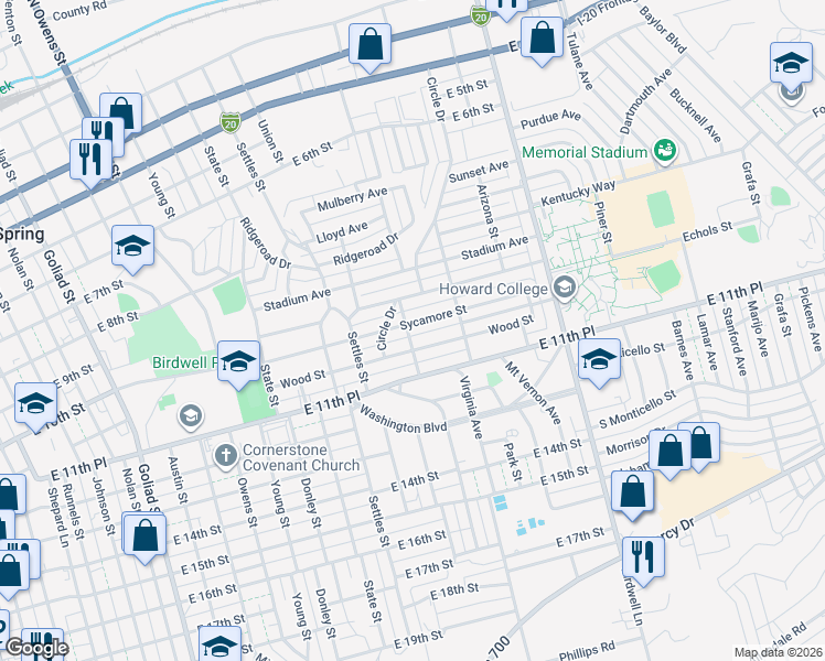 map of restaurants, bars, coffee shops, grocery stores, and more near 1403 Sycamore Street in Big Spring