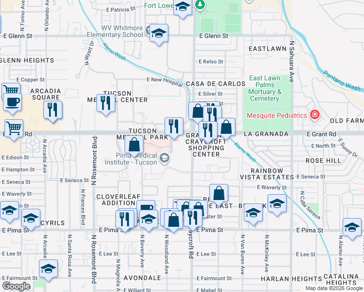 map of restaurants, bars, coffee shops, grocery stores, and more near 2345 North Craycroft Road in Tucson