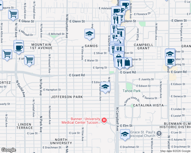 map of restaurants, bars, coffee shops, grocery stores, and more near 1620 East Grant Road in Tucson