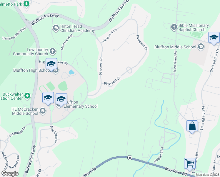 map of restaurants, bars, coffee shops, grocery stores, and more near 3 Glenwood Springs Court in Bluffton