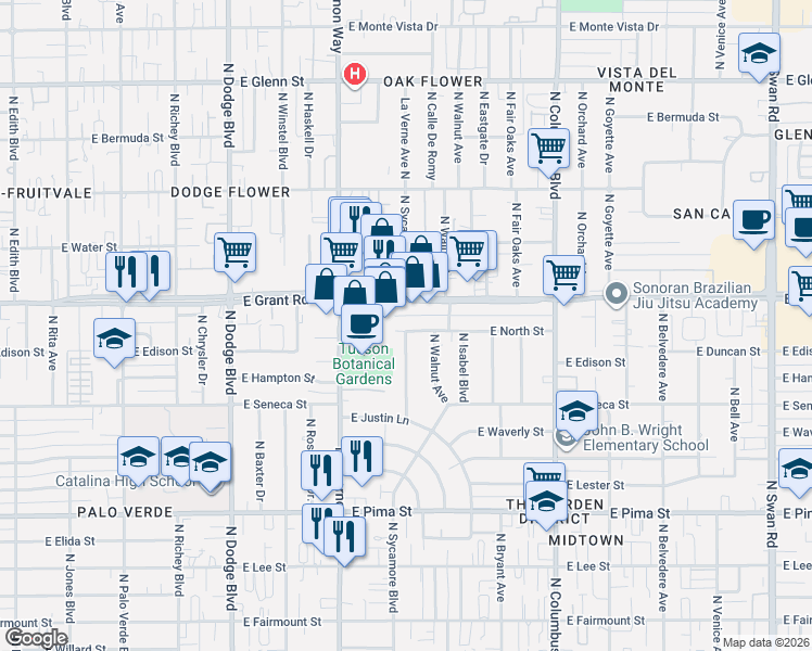 map of restaurants, bars, coffee shops, grocery stores, and more near 4017 East North Street in Tucson