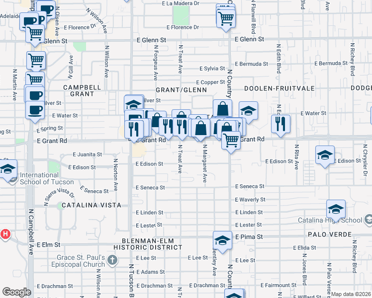 map of restaurants, bars, coffee shops, grocery stores, and more near 2802 East Grant Road in Tucson