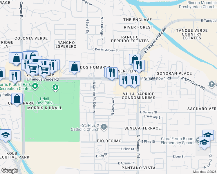 map of restaurants, bars, coffee shops, grocery stores, and more near 7724 East Tanque Verde Lane in Tucson