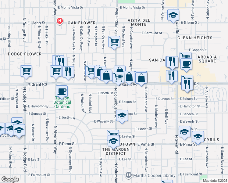 map of restaurants, bars, coffee shops, grocery stores, and more near in Tucson