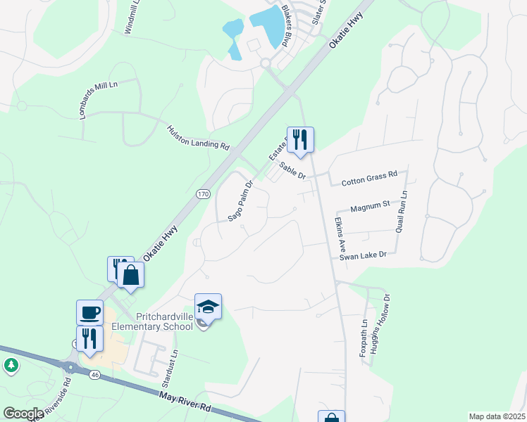 map of restaurants, bars, coffee shops, grocery stores, and more near 6 Nob Hill Court in Bluffton