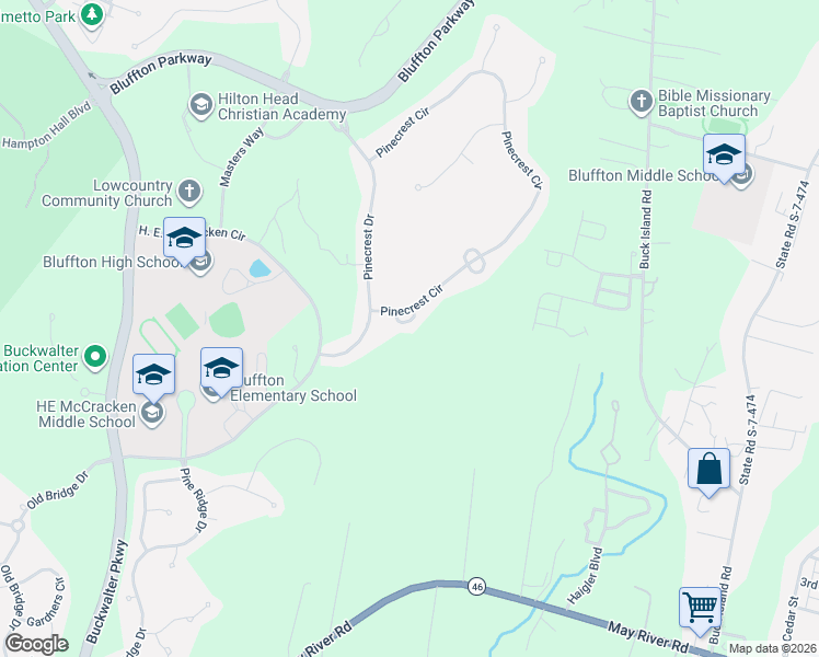 map of restaurants, bars, coffee shops, grocery stores, and more near 3 Glenwood Springs Court in Bluffton