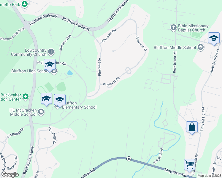 map of restaurants, bars, coffee shops, grocery stores, and more near 3 Glenwood Springs Court in Bluffton