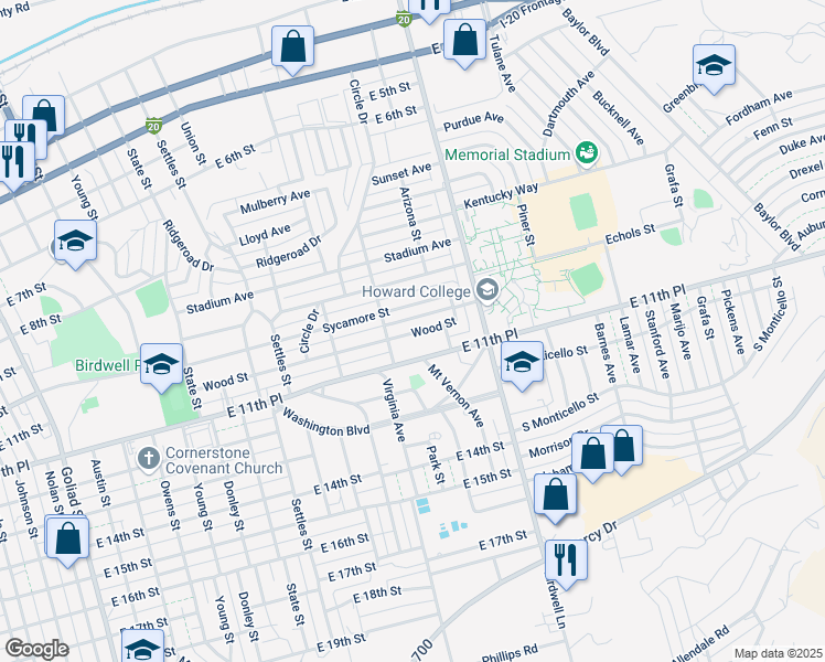 map of restaurants, bars, coffee shops, grocery stores, and more near 1509 Wood Street in Big Spring