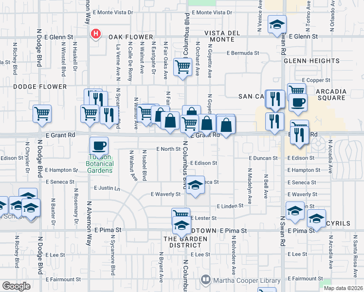 map of restaurants, bars, coffee shops, grocery stores, and more near in Tucson