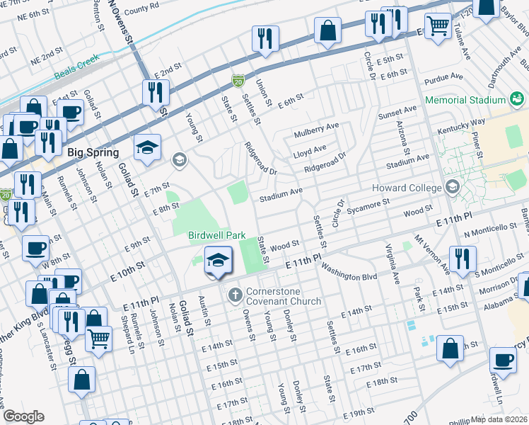 map of restaurants, bars, coffee shops, grocery stores, and more near 627 State Street in Big Spring
