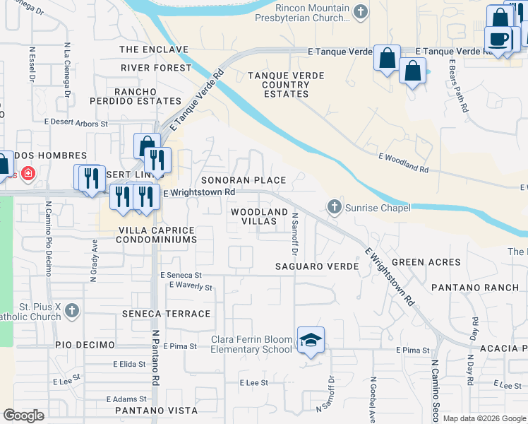 map of restaurants, bars, coffee shops, grocery stores, and more near 8228 East Arbor Point Place in Tucson