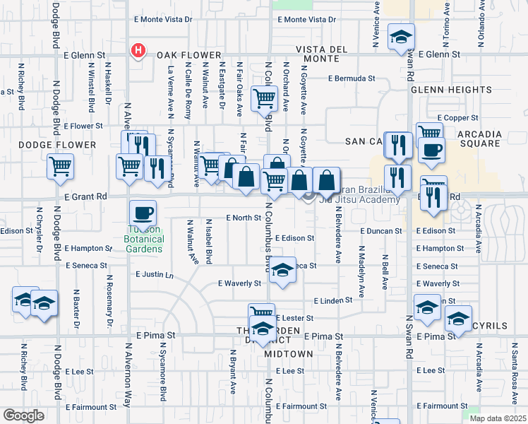 map of restaurants, bars, coffee shops, grocery stores, and more near 4302 East Grant Road in Tucson