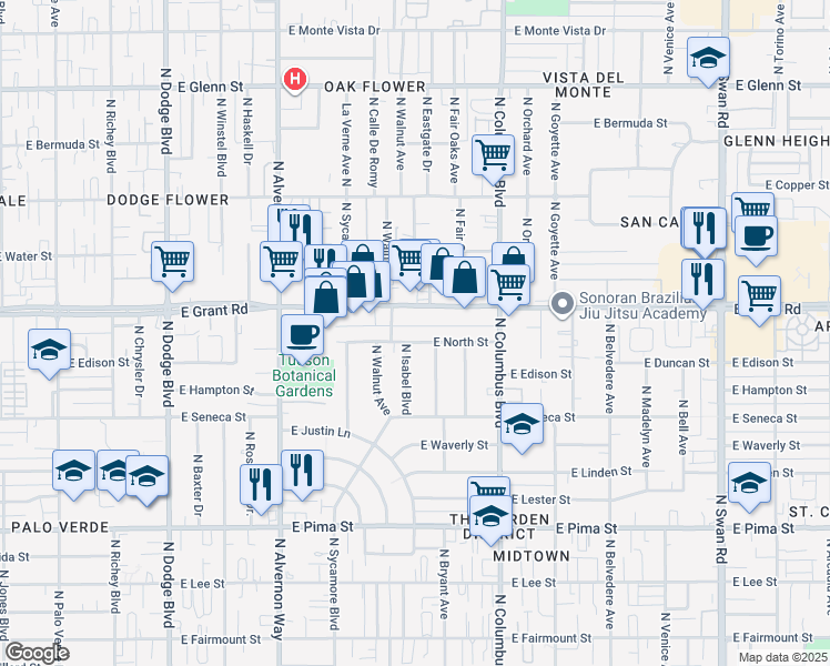 map of restaurants, bars, coffee shops, grocery stores, and more near 4139 East North Street in Tucson