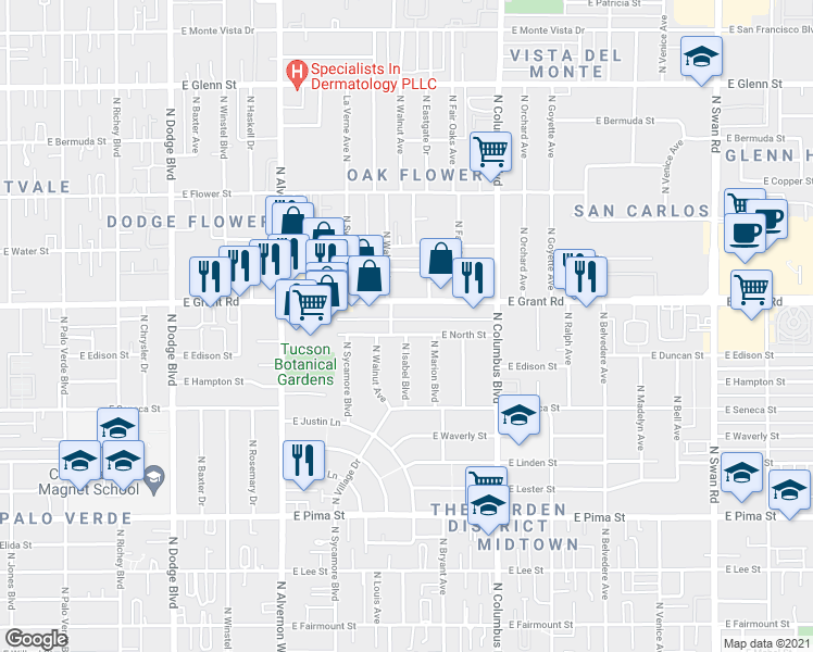 map of restaurants, bars, coffee shops, grocery stores, and more near 2309 North Walnut Avenue in Tucson