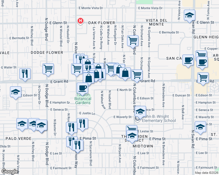 map of restaurants, bars, coffee shops, grocery stores, and more near 2309 North Walnut Avenue in Tucson