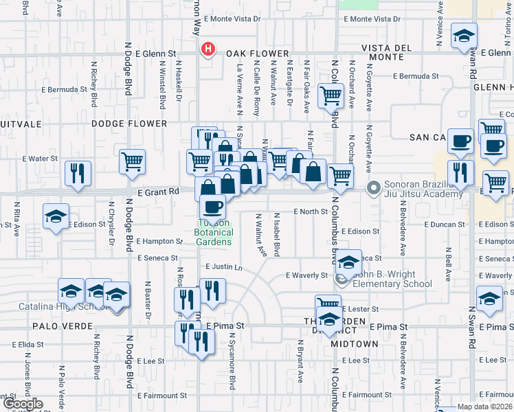 map of restaurants, bars, coffee shops, grocery stores, and more near 2309 North Walnut Avenue in Tucson