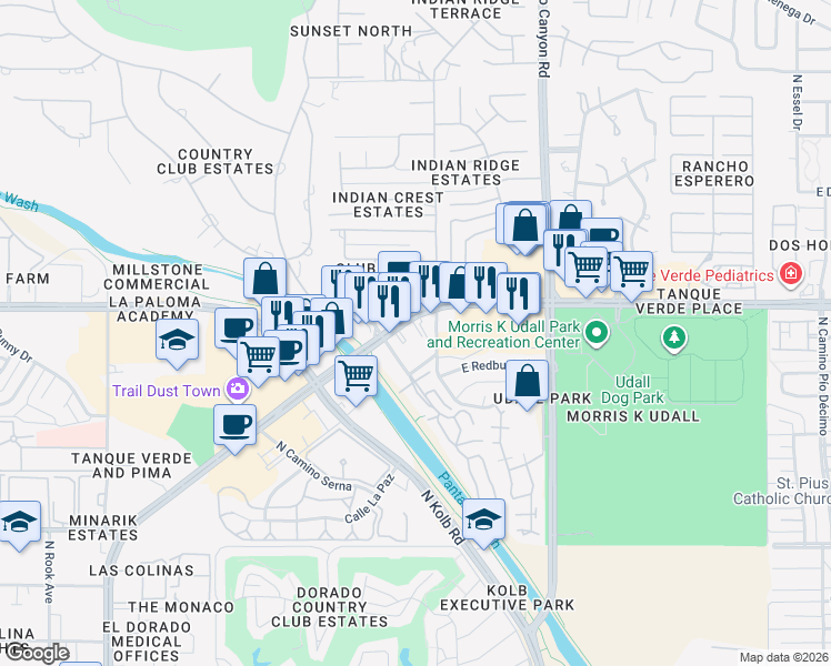 map of restaurants, bars, coffee shops, grocery stores, and more near 6852 East Tanque Verde Road in Tucson