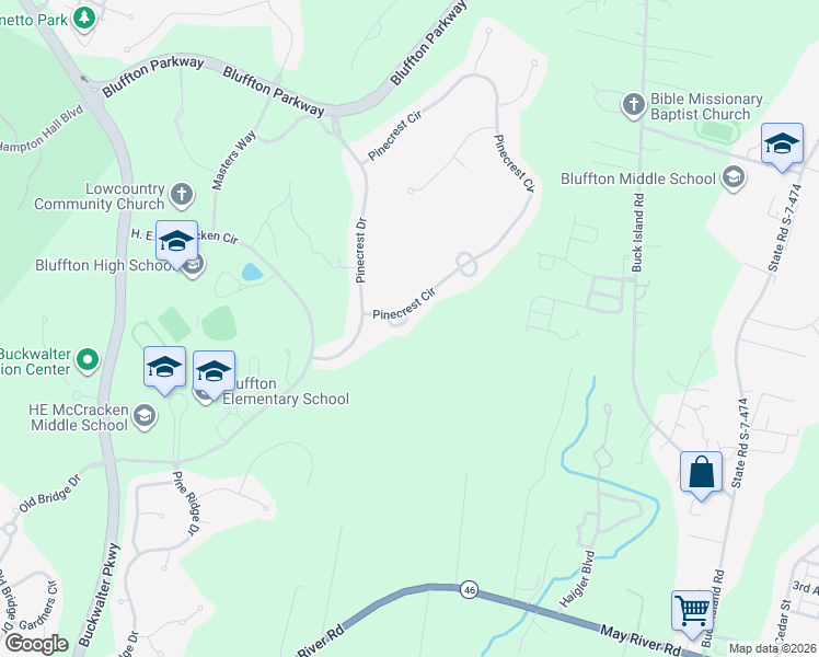 map of restaurants, bars, coffee shops, grocery stores, and more near 3 Glenwood Springs Court in Bluffton