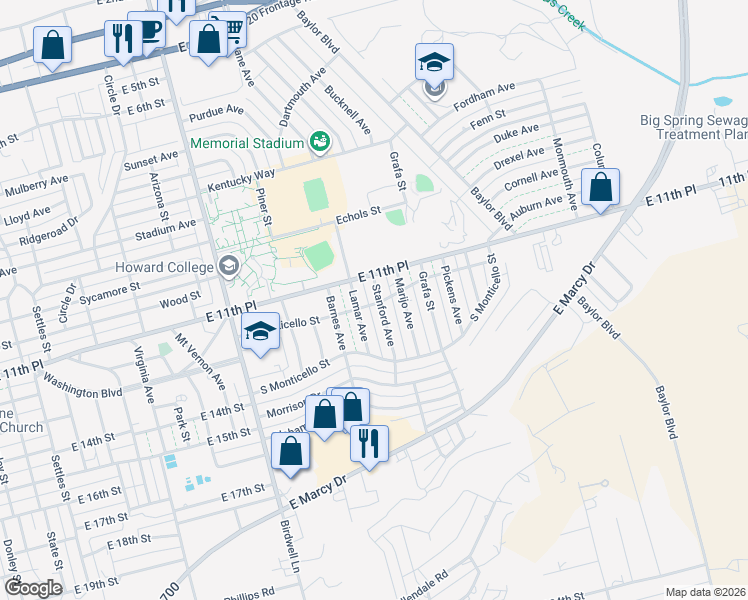 map of restaurants, bars, coffee shops, grocery stores, and more near 1108 Stanford Ave in Big Spring