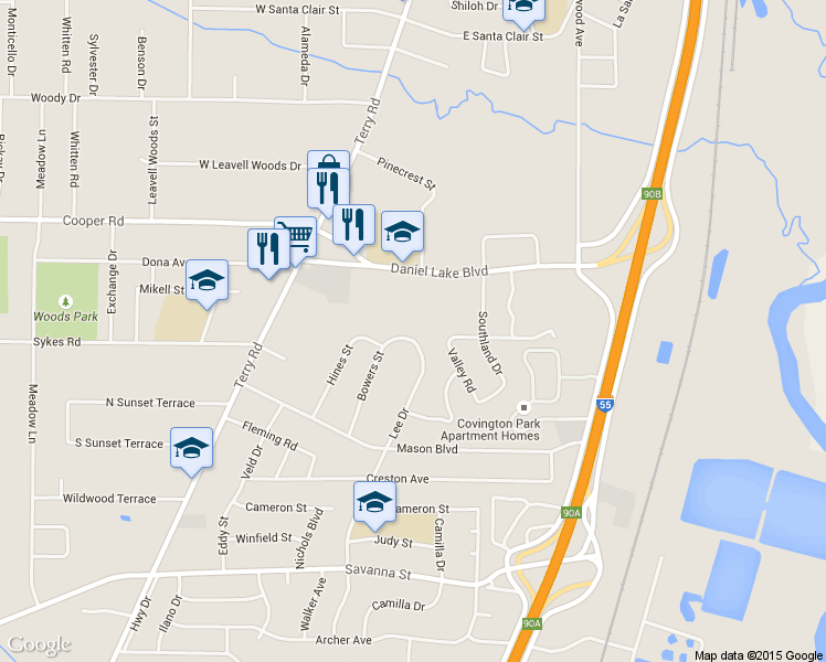 map of restaurants, bars, coffee shops, grocery stores, and more near 3501 Bowers St in Jackson