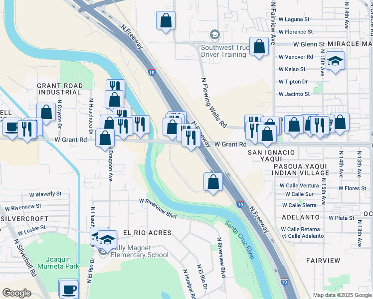 map of restaurants, bars, coffee shops, grocery stores, and more near 1369 West Grant Road in Tucson
